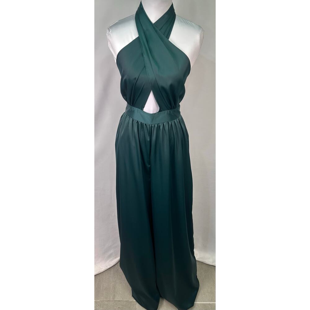 NWT Nasty Gal Emerald Green Satin Crossover Halter Wide Leg Jumpsuit Size 6 - Picture 2 of 9